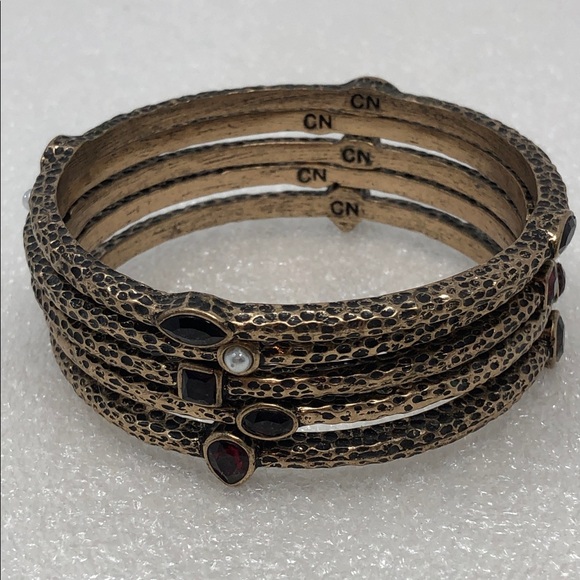 Jewelry - Vintage Bracelet Brass Tone Gemstone Bangle Set